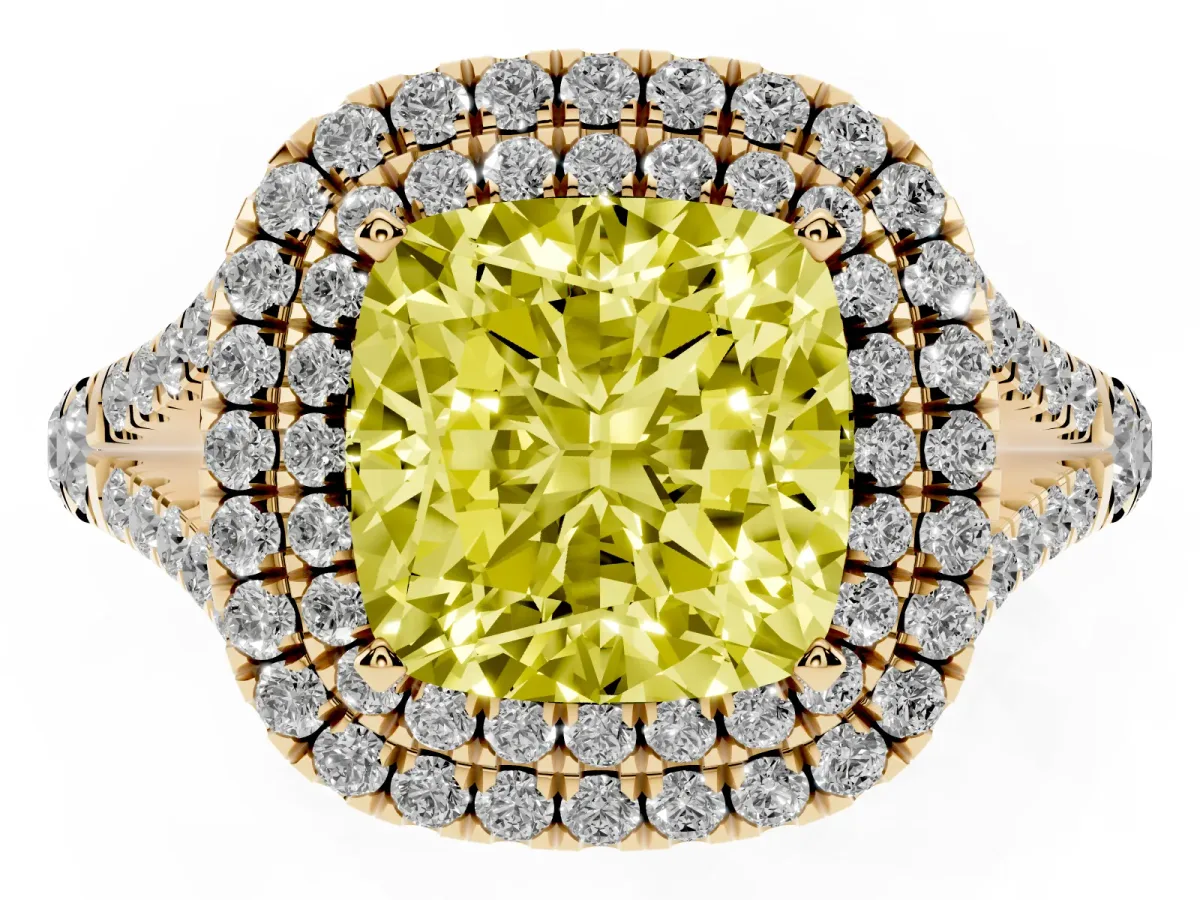 Fancy Yellow Cushion Cut Diamond Pavé Split Shank Double Halo Engagement Ring Yellow gold