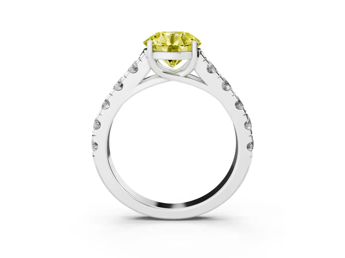 Fancy Yellow Round Cut Cut Diamond Solitaire Ring with Micro Pave Band and Prong Setting Platinum