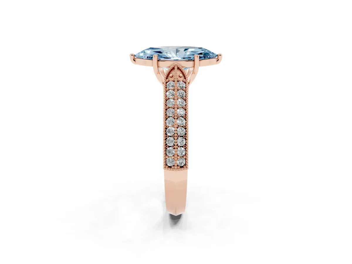 Fancy Blue Marquise Cut Cut Pave Split Shank Engagement Ring with Four-Prong Setting Rose gold