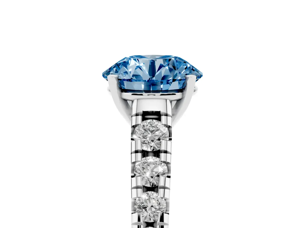 Fancy Blue Round Cut Diamond Cathedral Solitaire Ring with Round Pavé Band Silver