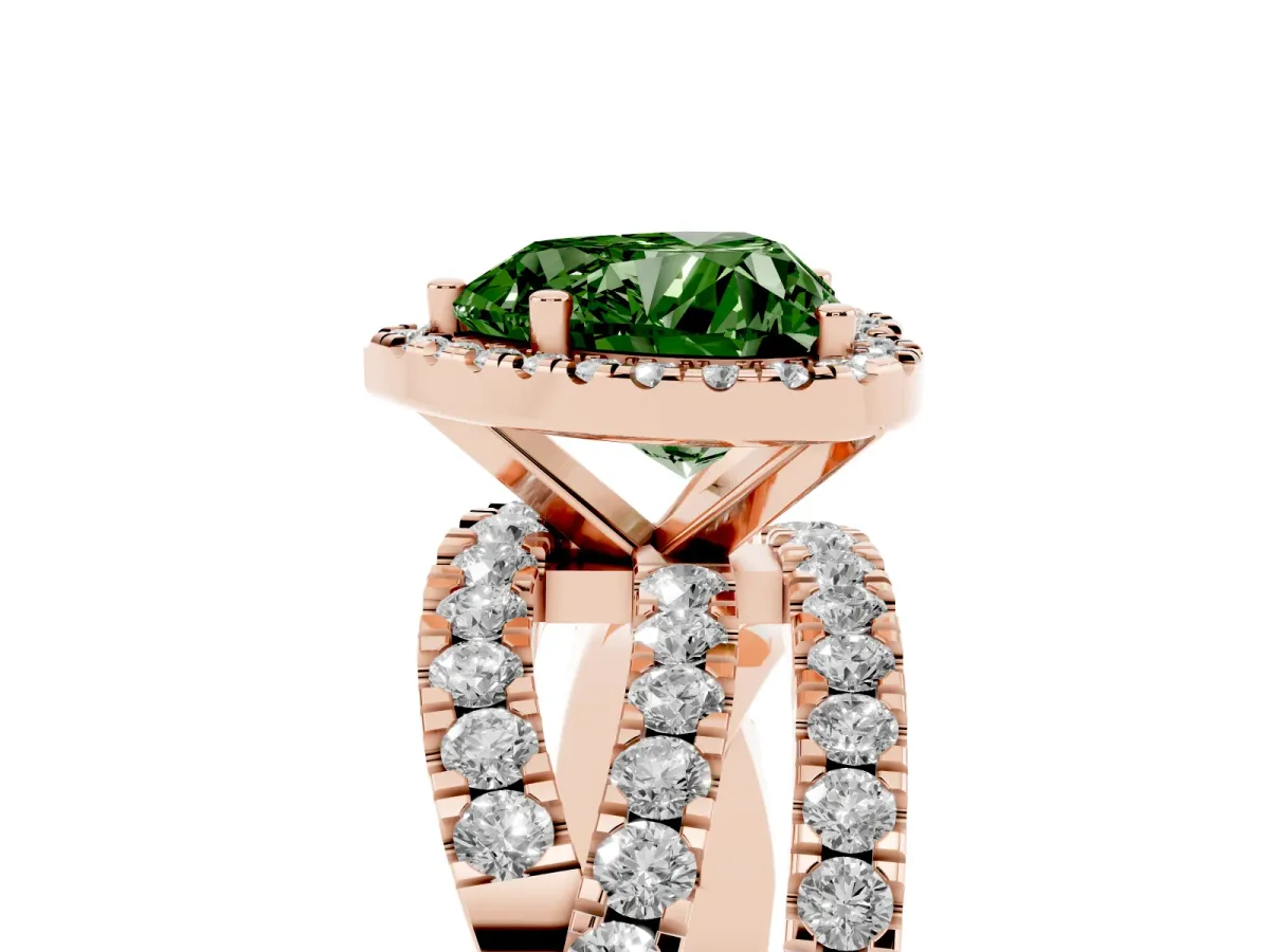 Fancy Green Heart Cut Diamond Halo Ring with Round Split Shank and Prong Setting Rose gold