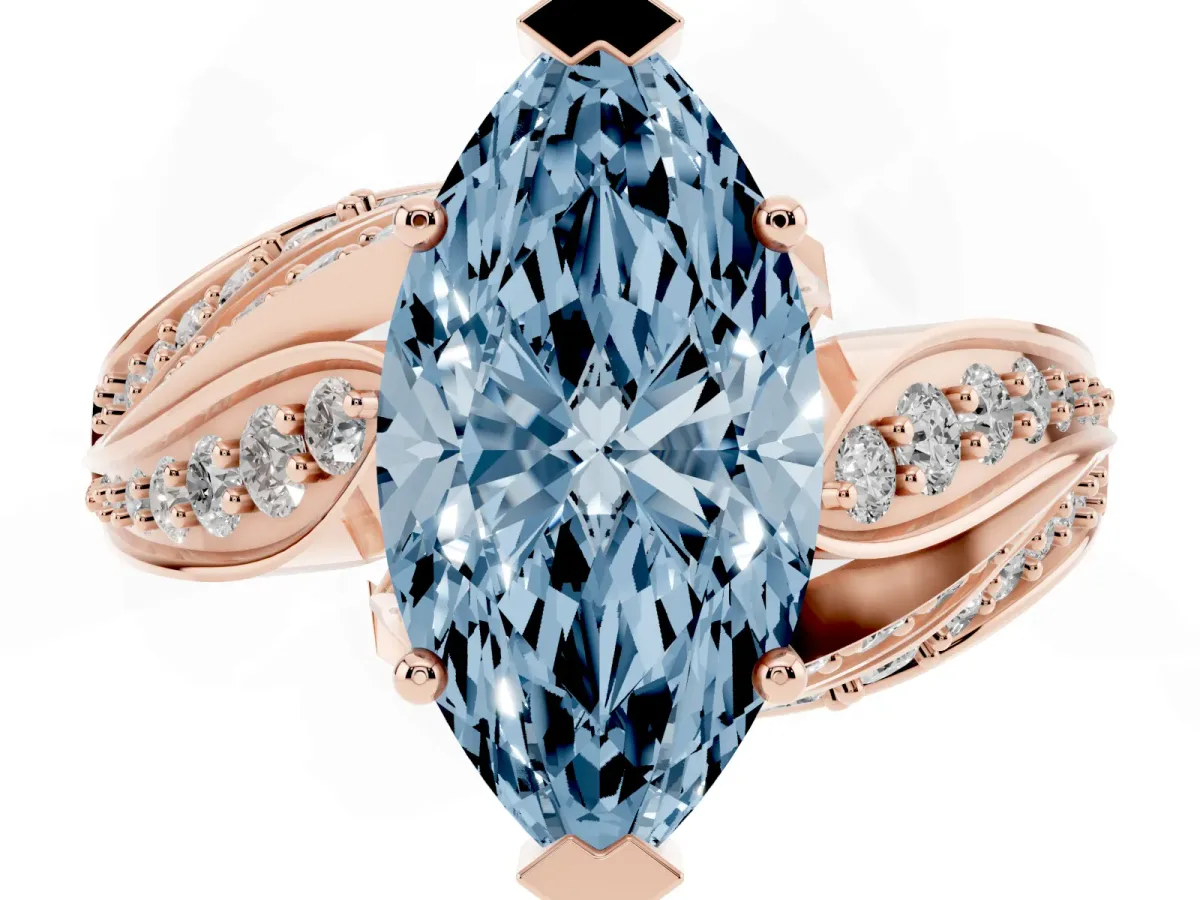 Fancy Blue Marquise Cut Diamond Solitaire Ring with Prong Setting and Twisted Pavé Band Rose gold