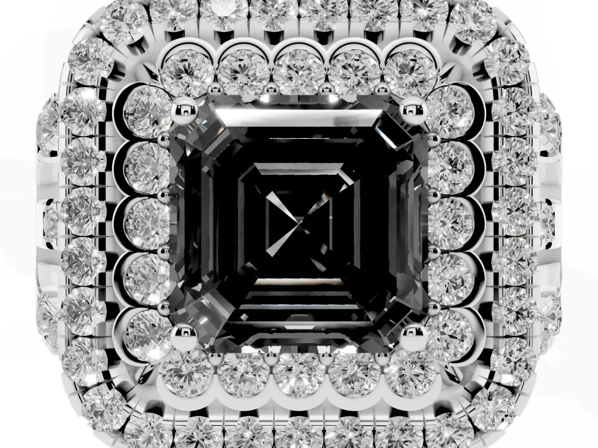 Fancy Black Asscher Cut Diamond Double Halo Ring with Round Pavé Split Shank and Prong Setting Silver
