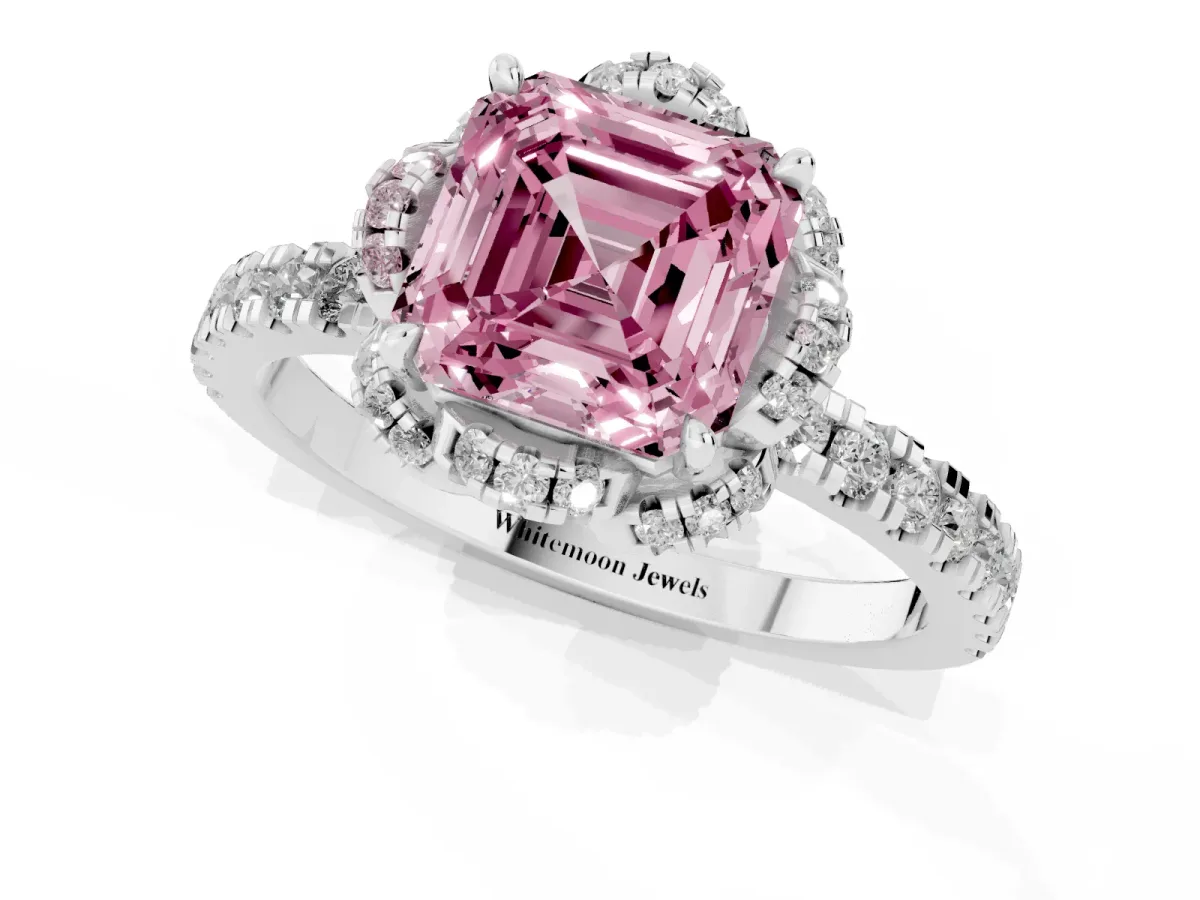 Fancy Pink Asscher Cut Diamond Halo Pave Band with Four-Prong Setting White gold