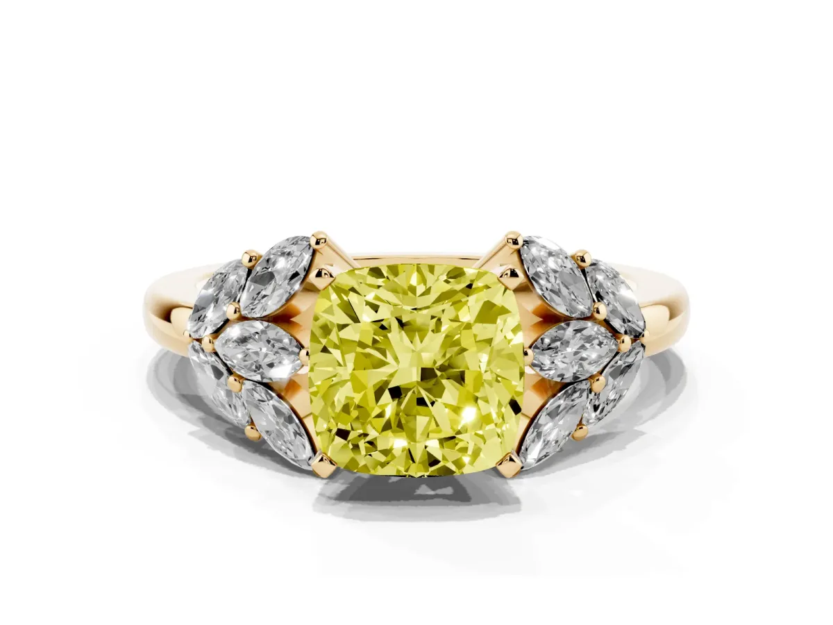 Fancy Yellow Cushion Cut Diamond Cluster Leaf Design Ring with Prong Setting Yellow gold