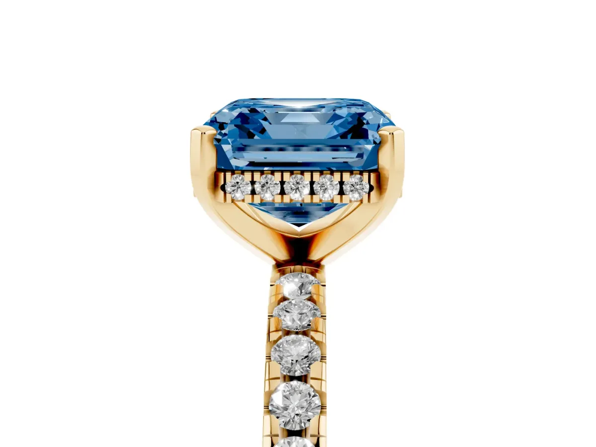 Fancy Blue Asscher Cut Diamond Solitaire Ring with Round Pavé Band and Four-Prong Setting Yellow gold