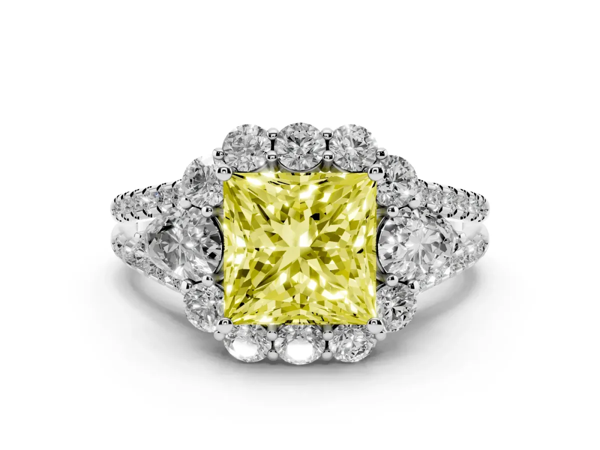 Fancy Yellow Princess Cut Halo Split Shank Diamond Engagement Ring with Prong Setting White gold
