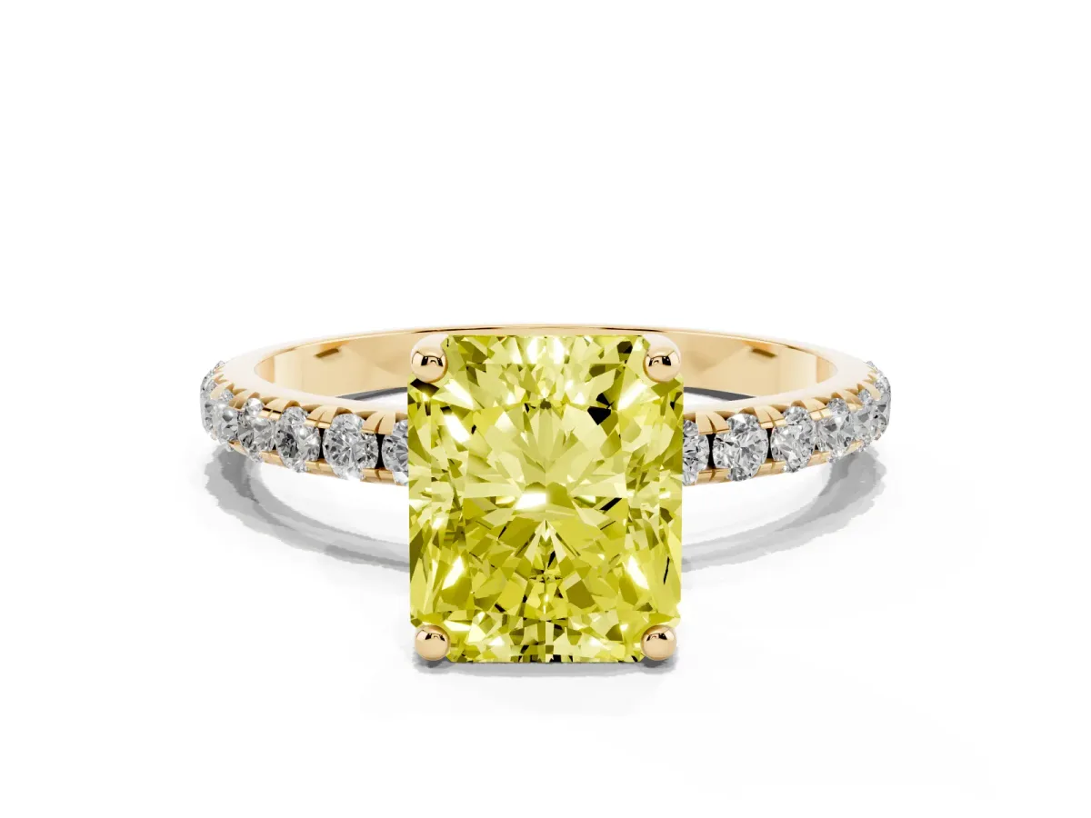 Fancy Yellow Radiant Cut Cut Diamond Solitaire Ring with Micro Pave Band and Four Prong Setting Yellow gold