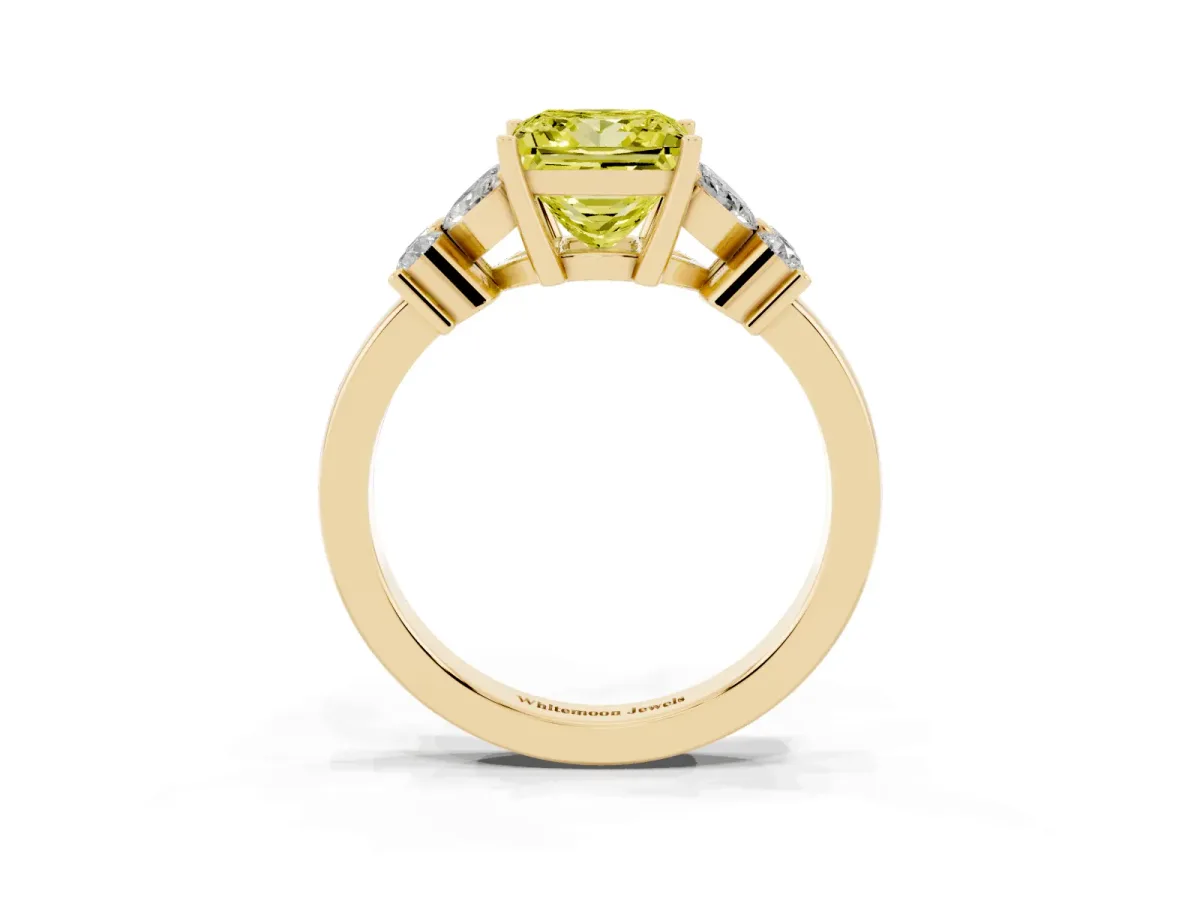 Fancy Yellow Princess Cut Diamond Floral Cluster Ring with Solitaire Band and Prong Setting Yellow gold
