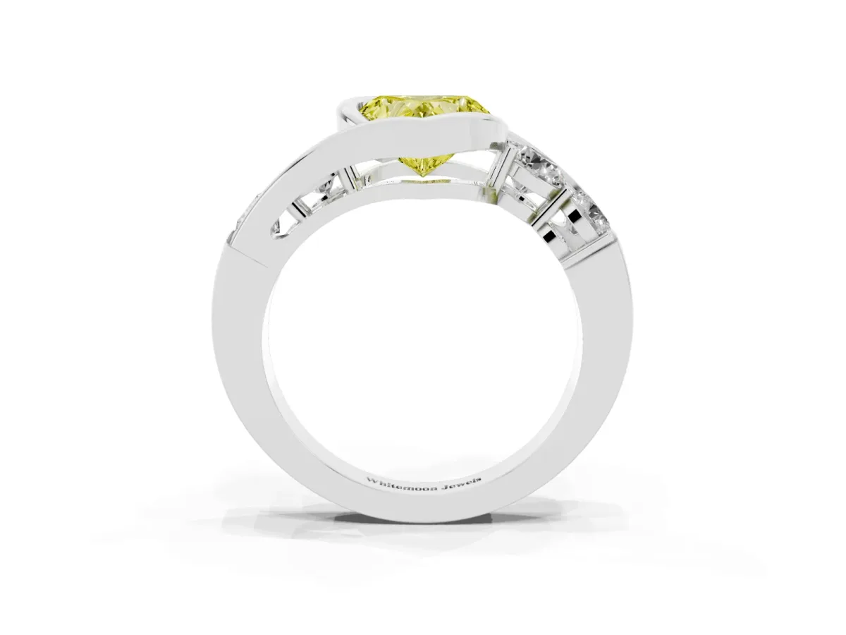 Fancy Yellow Bezel Set Heart Cut Diamond Bypass Ring with Round Accents Silver