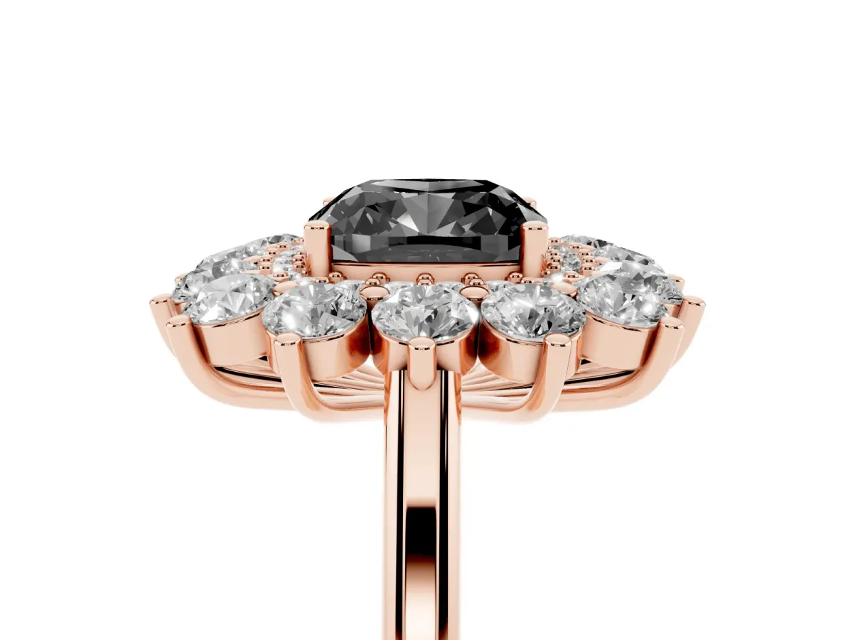 Fancy Black Cushion Cut Diamond Floral Double Halo Engagement Ring with Prong Setting Rose gold