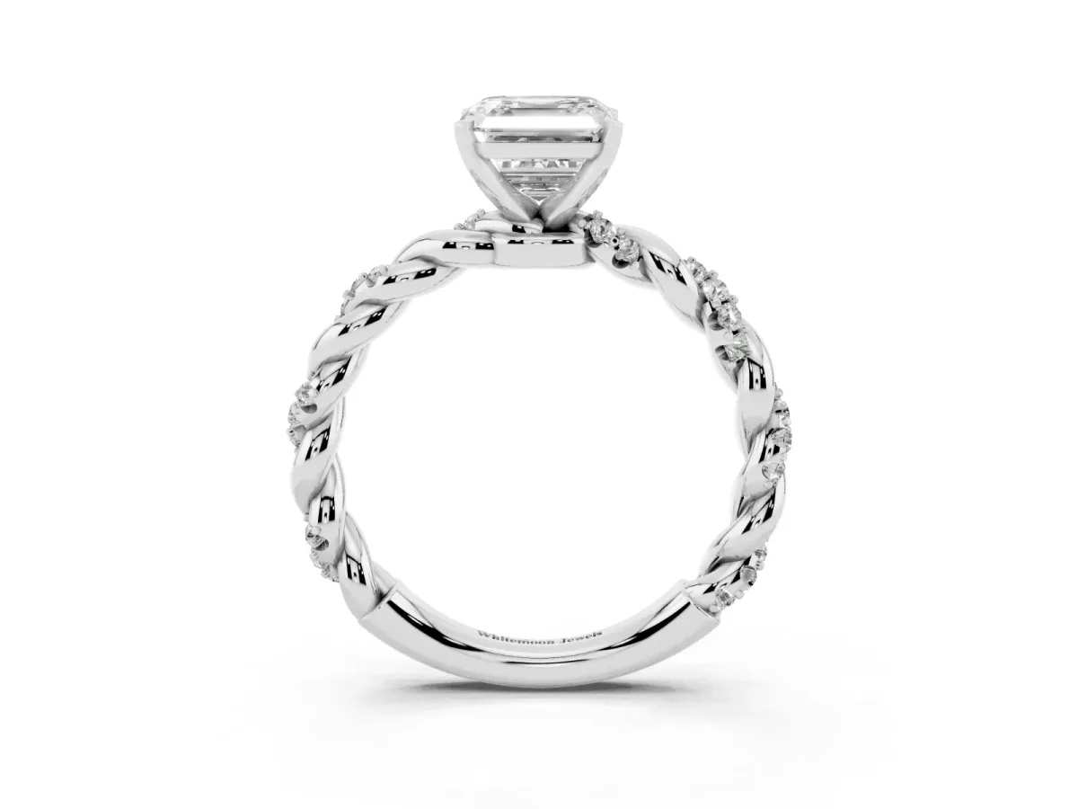 Asscher Cut Diamond Solitaire Ring with Twisted Band and Pavé Accents Silver