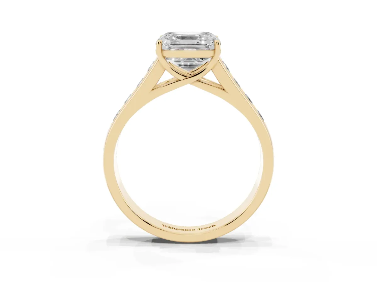 Asscher Cut Solitaire Channel-Set Diamond Engagement Ring with Four-Prong Setting Yellow gold