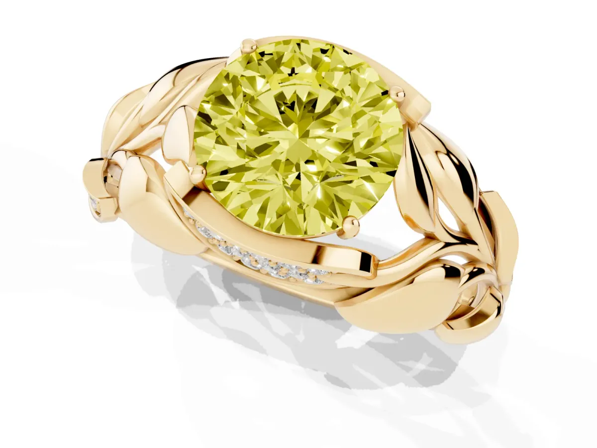 Fancy Yellow Round Cut Diamond Leaf-Inspired Engagement Ring with Round Accents and Prong Setting Yellow gold