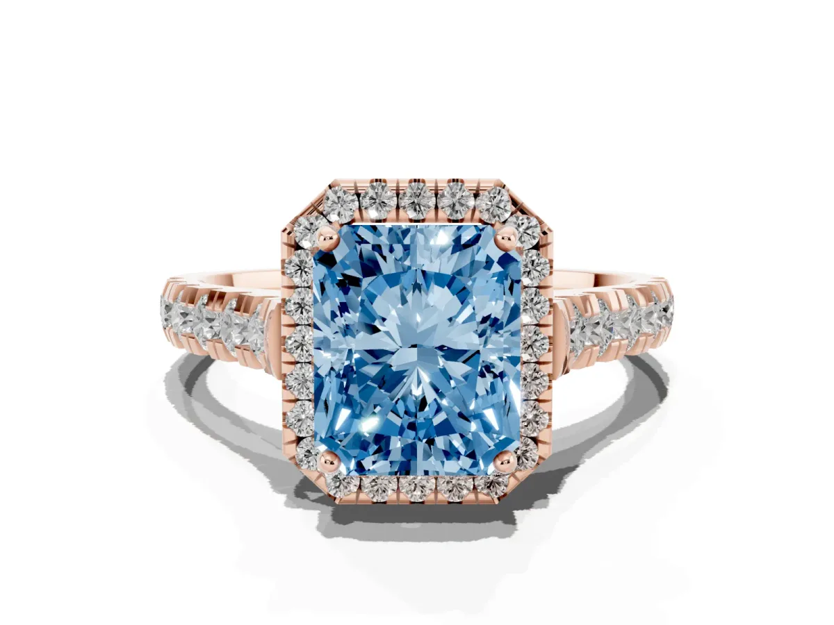 Fancy Blue Radiant Cut Halo Pavé Diamond Engagement Ring with Four-Prong Setting Rose gold