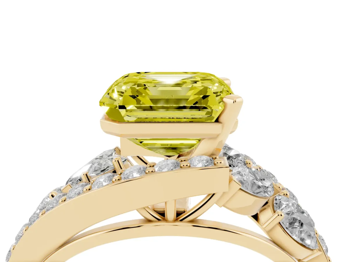 Fancy Yellow Asscher Cut Diamond Halo Ring with Marquise and Pavé Band in Prong Setting Yellow gold