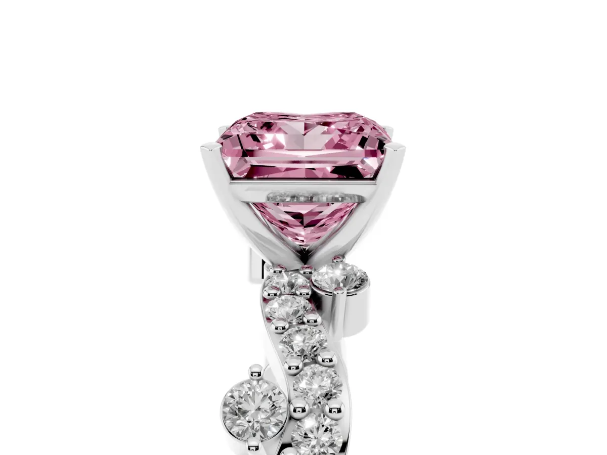 Fancy Pink Princess Cut Cut Solitaire Diamond Twisted Band with Pave Setting Silver