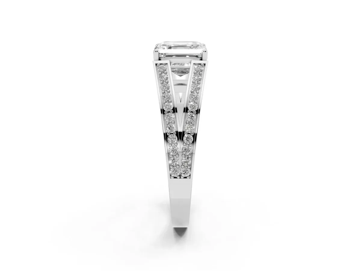 Asscher Cut Diamond Split Shank Ring with Pavé Band and Four-Prong Setting White gold