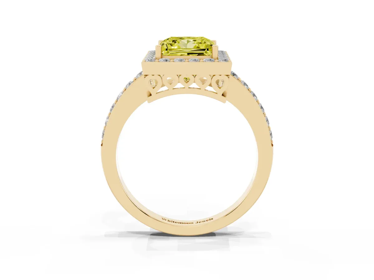 Fancy Yellow Princess Cut Halo Diamond Pavé Band Ring with Prong Setting Yellow gold