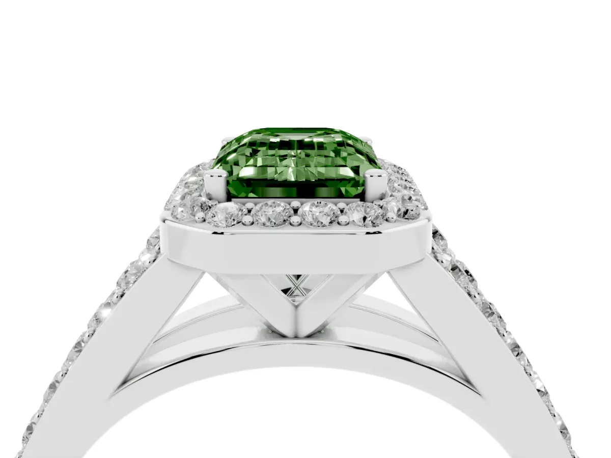 Fancy Green Emerald Cut Diamond Split Shank Halo Ring with Four-Prong Setting Platinum