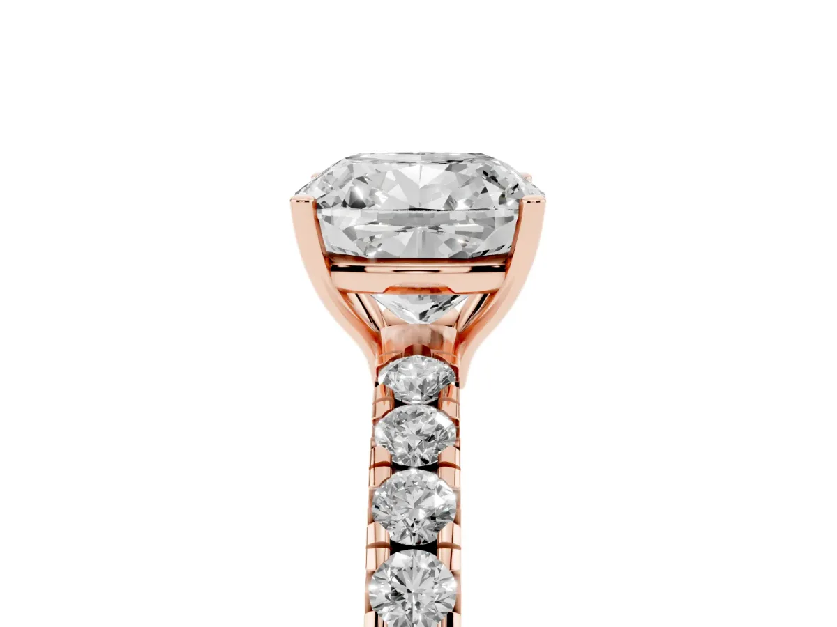 Cushion Cut Diamond Pavé Solitaire Engagement Ring with Four-Prong Setting Rose gold