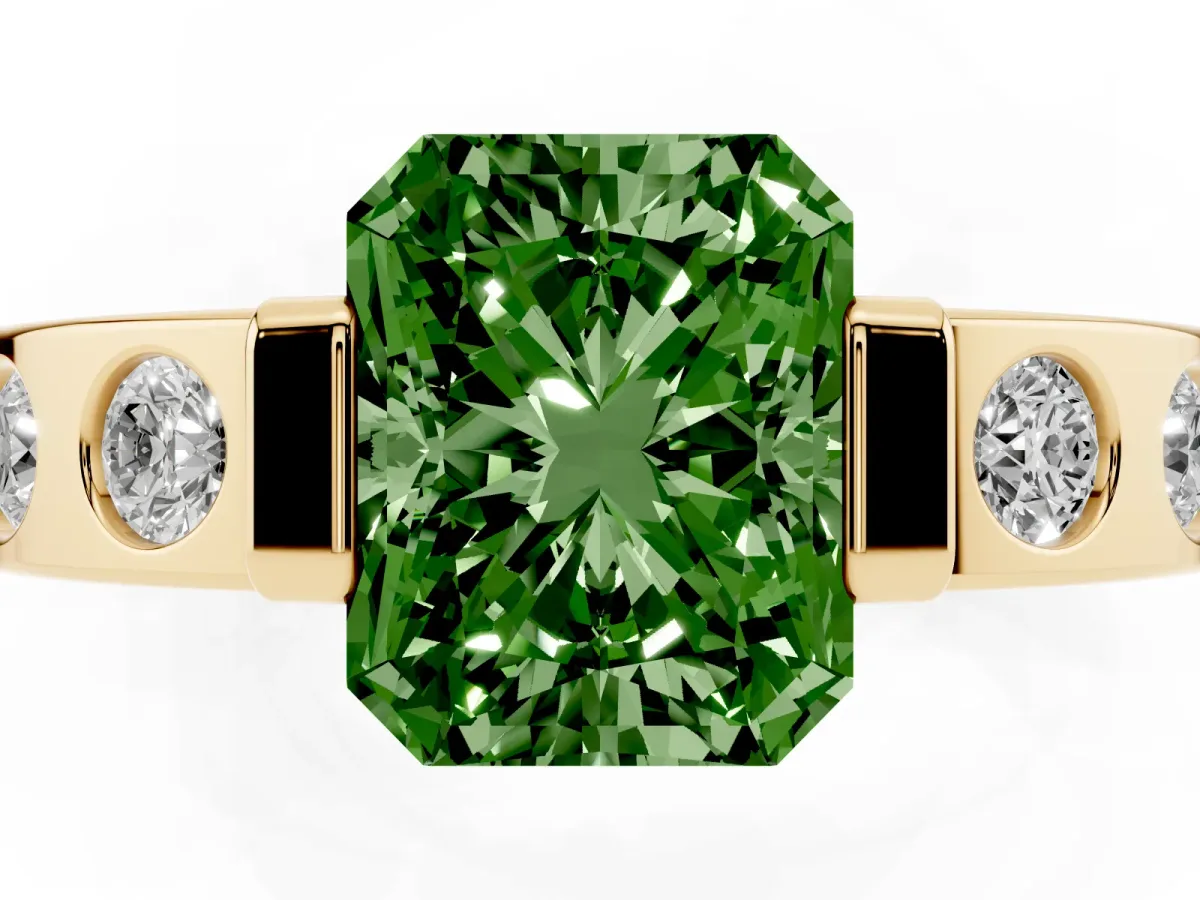 Fancy Green Radiant Cut Brilliant Channel-Set Diamond Ring with Bezel Prong Setting Yellow gold