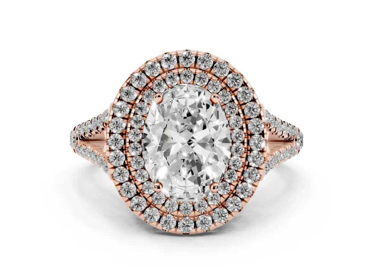 Oval Cut Diamond Double Halo Ring with Pavé Band and Prong Setting Rose gold
