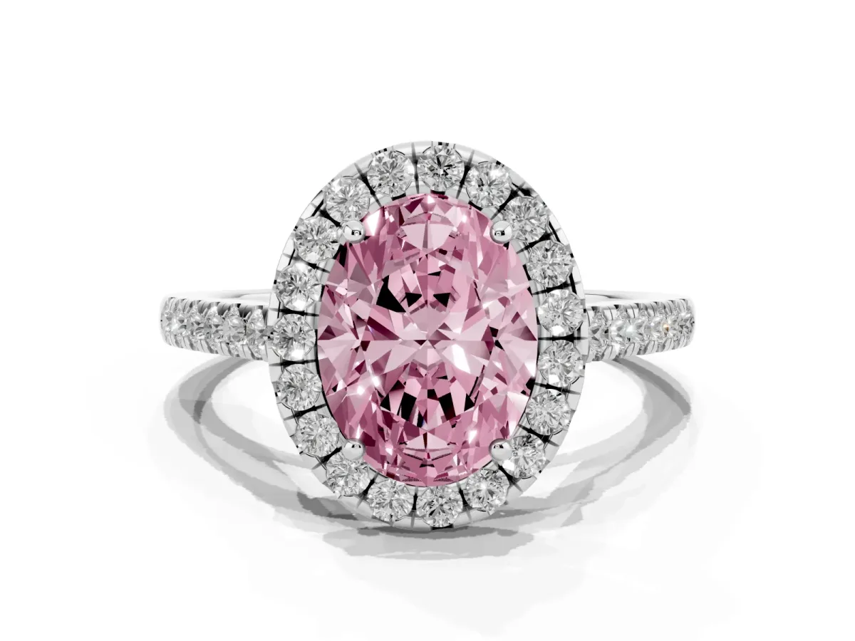 Fancy Pink Oval Cut Halo Pave Diamond Engagement Ring with Four-Prong Setting Silver