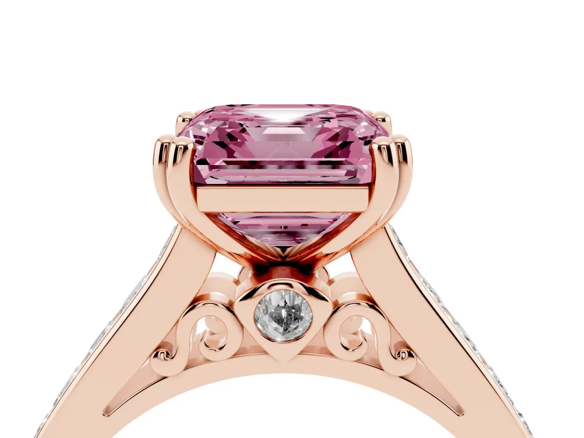 Fancy Pink Asscher Cut Cut Channel Set Solitaire Engagement Ring with Prong Setting Rose gold