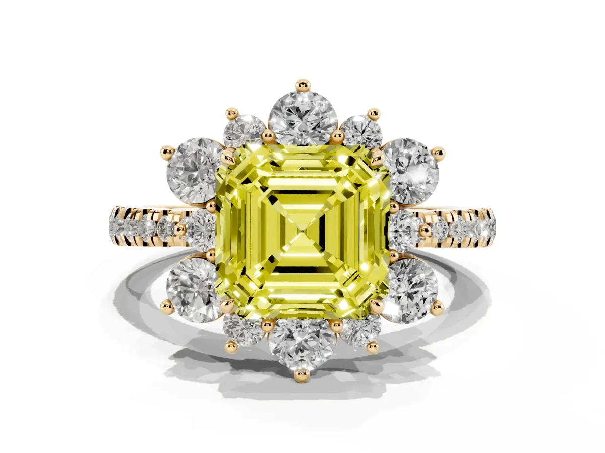 Fancy Yellow Asscher Cut Diamond Floral Halo Ring with Round Pavé Band and Prong Setting Yellow gold
