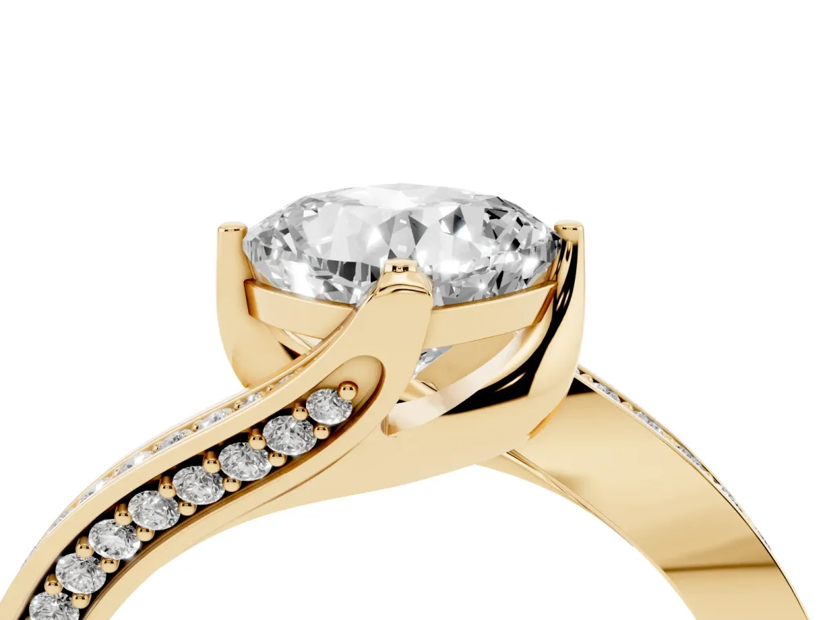 Cushion Cut Solitaire Diamond Twist Band with Pavé Setting and Four-Prong Setting Yellow gold