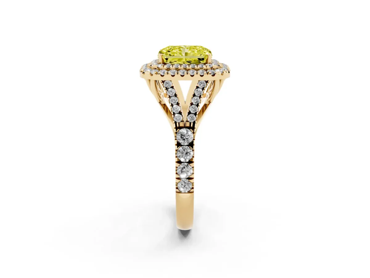 Fancy Yellow Radiant Cut Cut Double Halo Split Shank Diamond Ring with Prong Setting Yellow gold