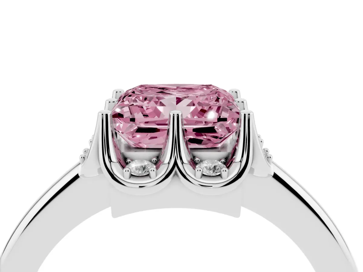 Fancy Pink Princess Cut Halo Diamond Ring with Round Cluster Setting, Solitaire Band, and Four-Prong Setting Platinum