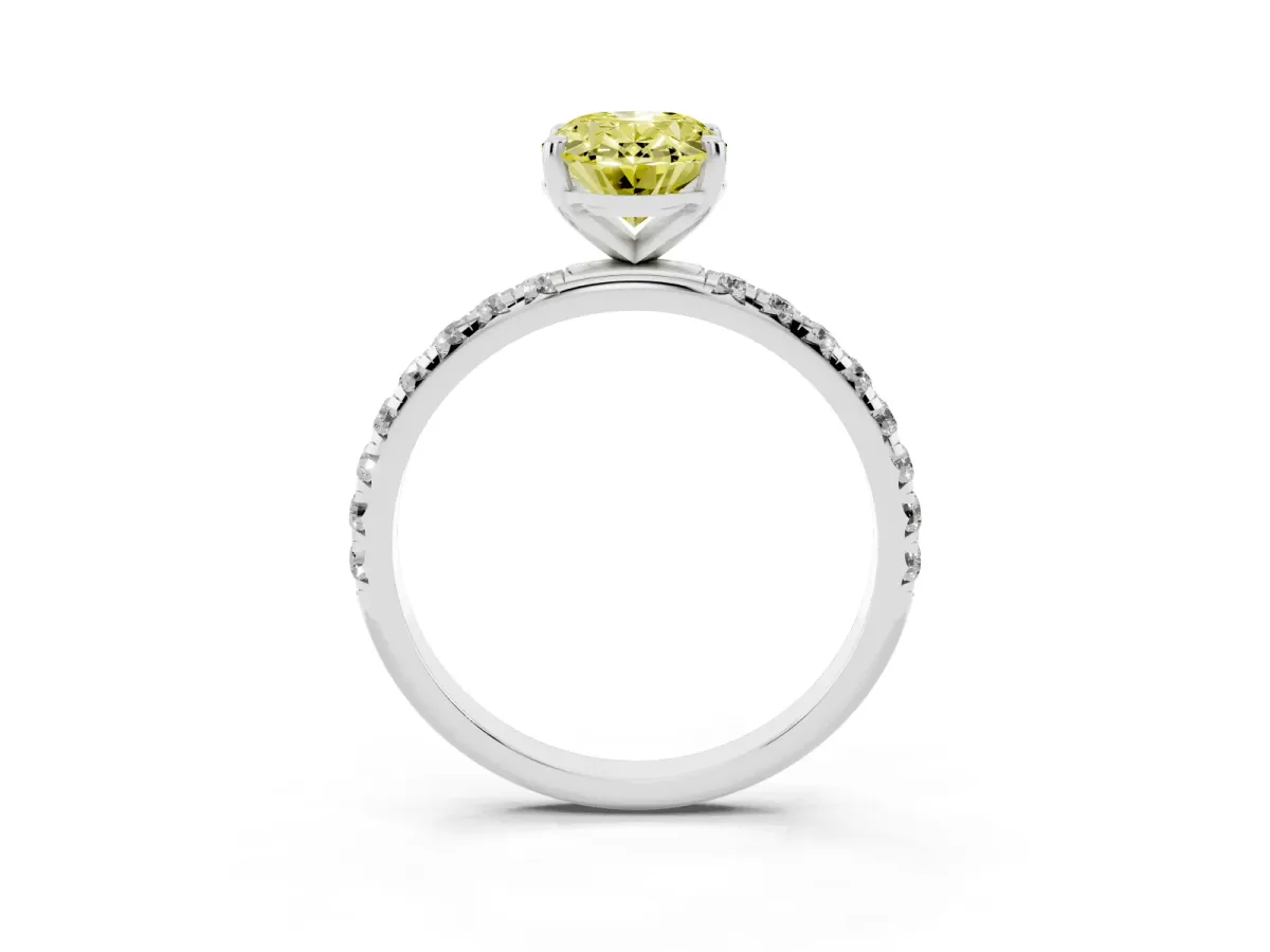 Fancy Yellow Oval Cut Cut Diamond Solitaire Ring with Micro Pave Band and Four Prong Setting Silver