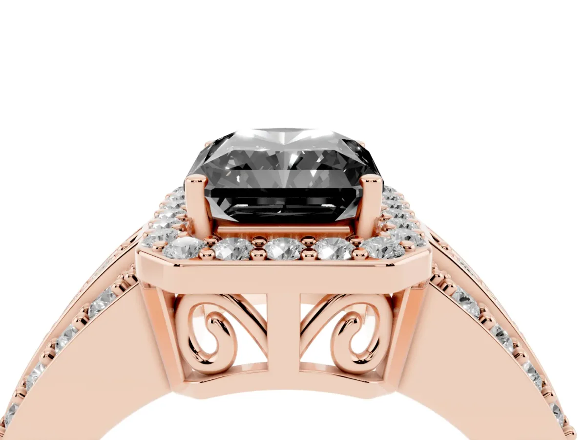 Fancy Black Radiant Cut Halo Diamond Ring with Round Split Shank and Prong Setting Rose gold