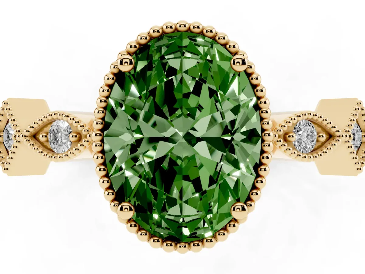 Fancy Green Oval Cut Milgrain Marquise Diamond Twist Band Ring Yellow gold