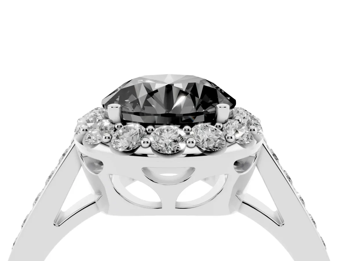 Fancy Black Round Cut Diamond Floral Halo Ring with Pavé Band and Prong Setting Silver