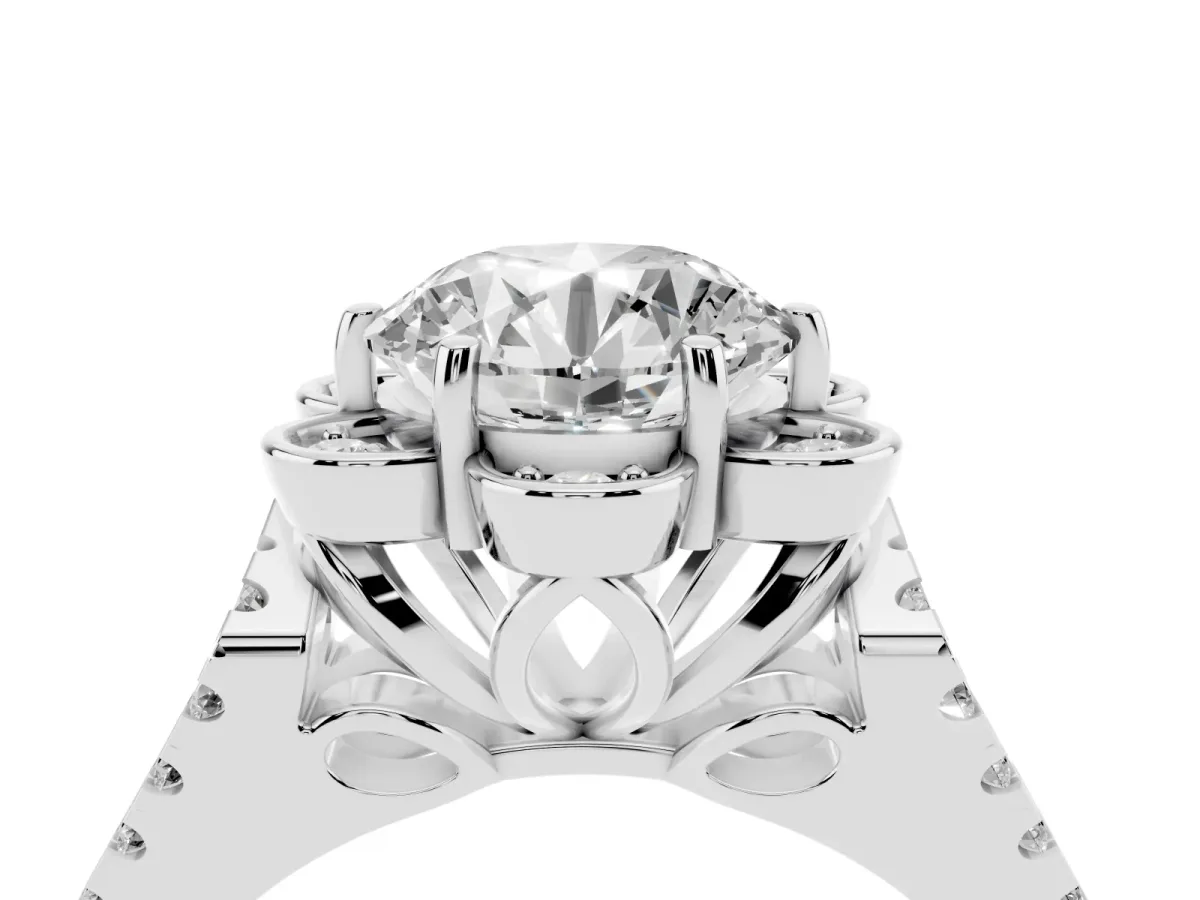 Round Cut Halo Diamond Floral Split Shank Engagement Ring Silver