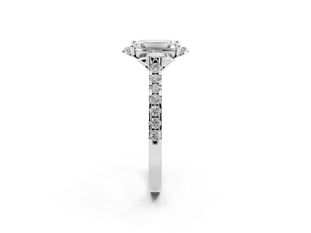 Emerald Cut Diamond Ring with Pavé Band and Floral Prong Setting Silver