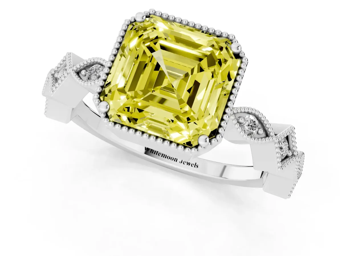 Fancy Yellow Asscher Cut Milgrain Marquise Diamond Twist Band Ring Silver
