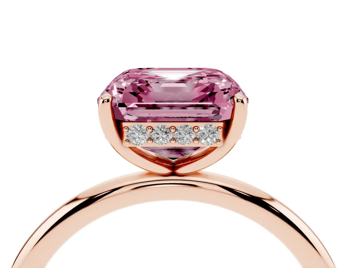 Fancy Pink Asscher Cut Solitaire Diamond Ring with a Classic Band and Four-Prong Setting Rose gold