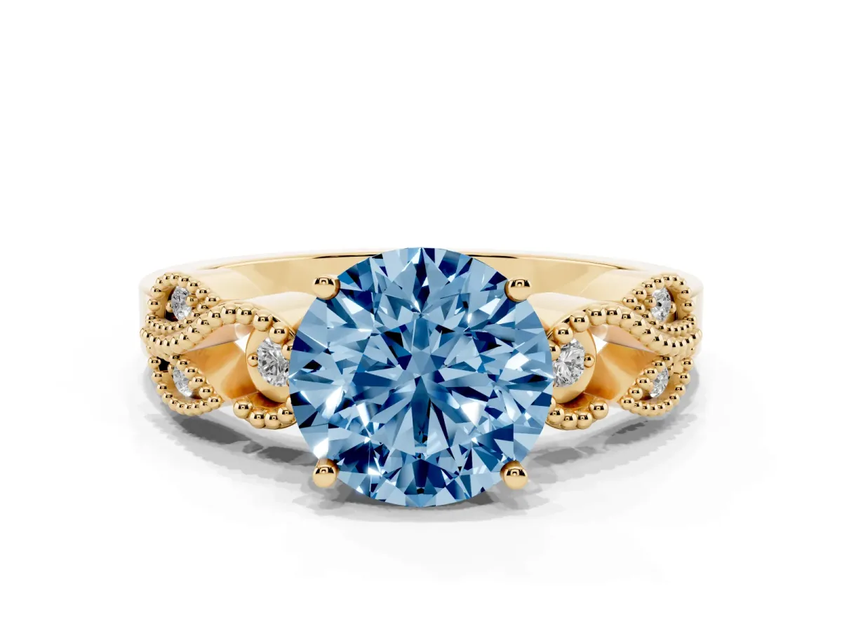 Fancy Blue Round Cut Solitaire Milgrain Leaf Band with Prong Setting Yellow gold