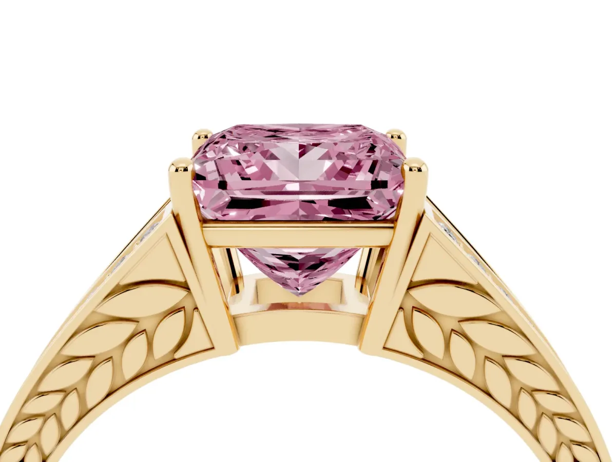 Fancy Pink Princess Cut Diamond Split Shank Ring with Pavé Band and Four-Prong Setting Yellow gold