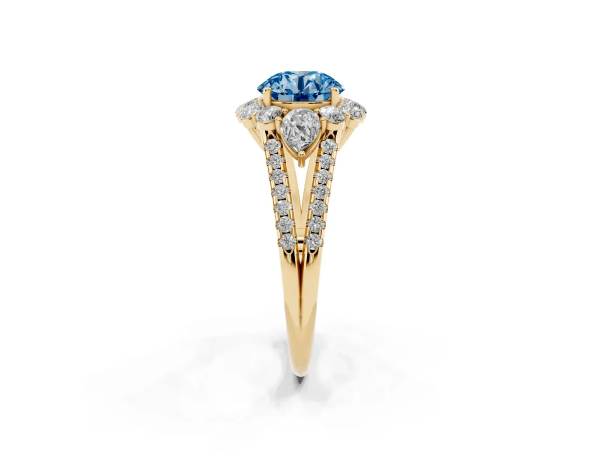 Fancy Blue Round Cut Halo Split Shank Diamond Engagement Ring with Prong Setting Yellow gold
