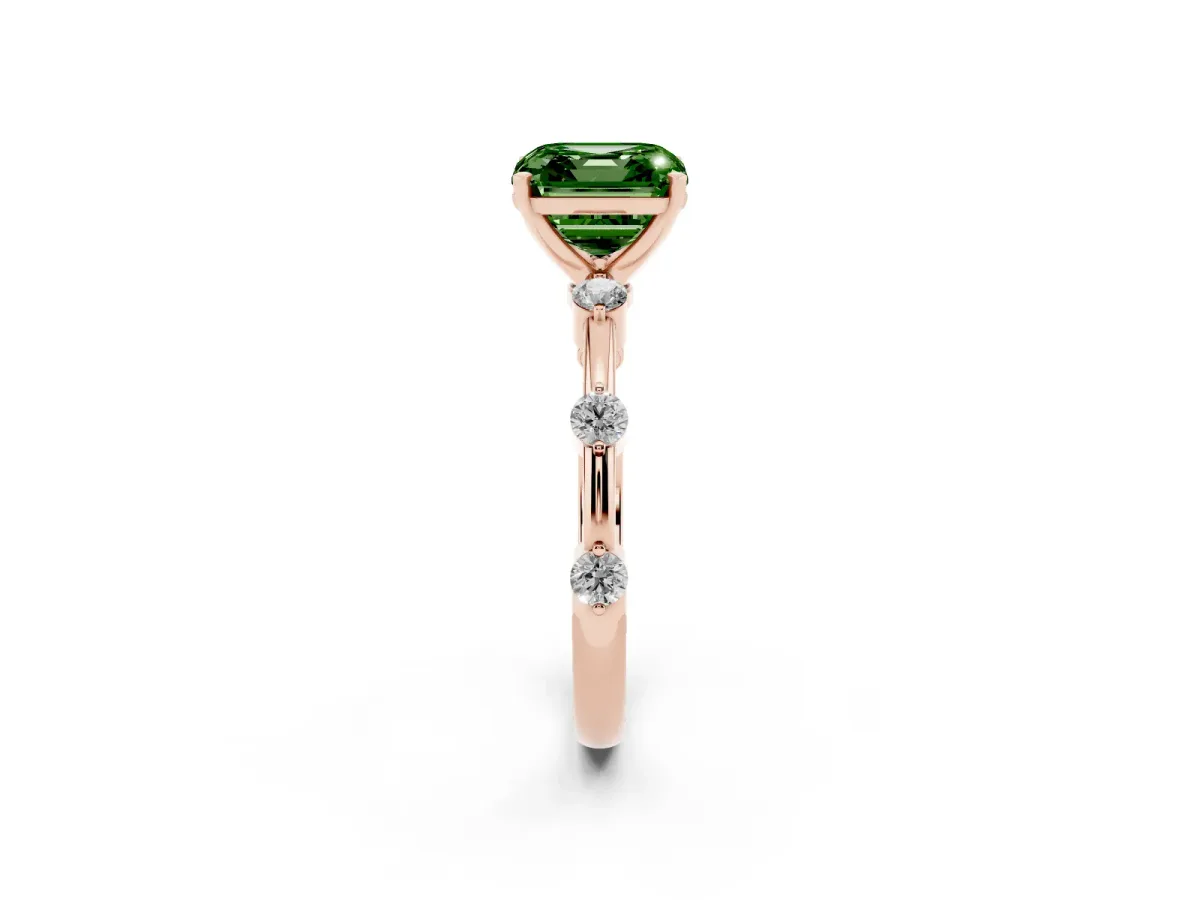 Fancy Green Asscher Cut Solitaire Diamond Ring with Bezel Set Side Stones and Prong Setting Rose gold