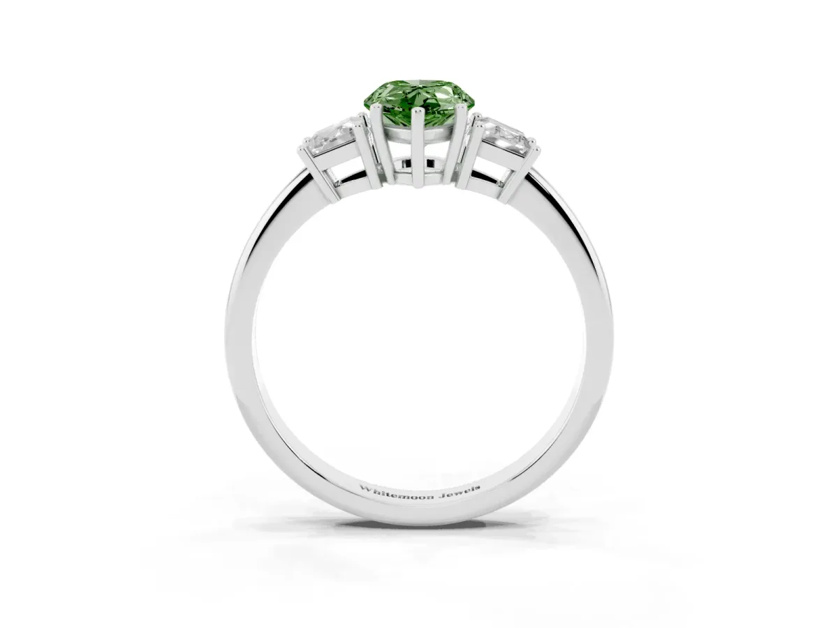 Fancy Green Pear Cut Diamond Three-Stone Ring with Trapezoid Side Stones and Prong Setting Silver