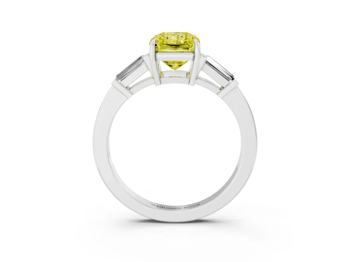 Fancy Yellow Radiant Cut Diamond Three-Stone Ring with Tapered Baguette Side Stones and Prong Setting Silver