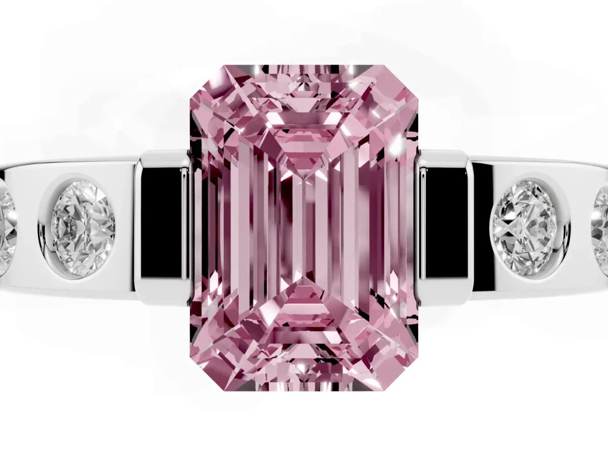 Fancy Pink Emerald Cut Brilliant Channel-Set Diamond Ring with Bezel Prong Setting Platinum
