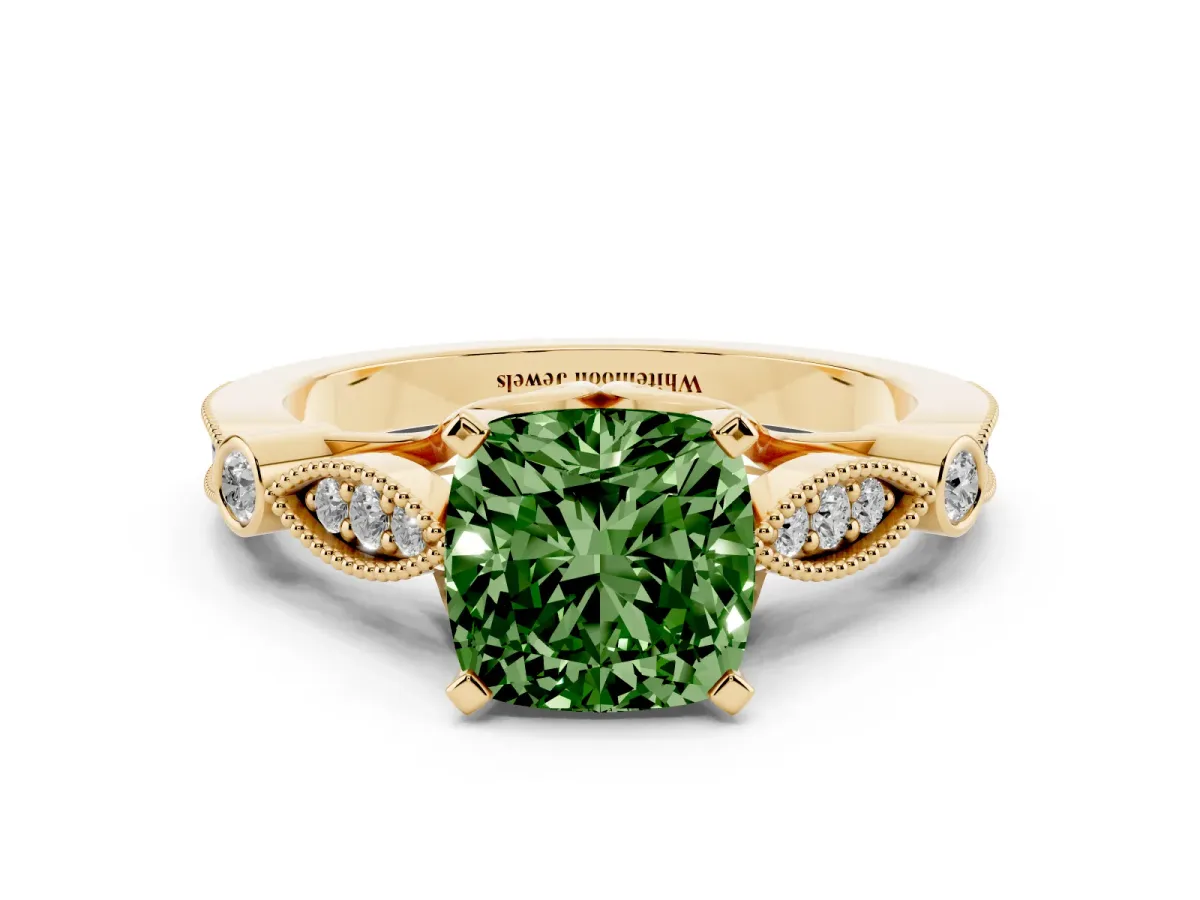 Fancy Green Cushion Cut Cut Diamond with Milgrain Marquise and Bezel Accents on a Solitaire Band with Prong Setting Yellow gold