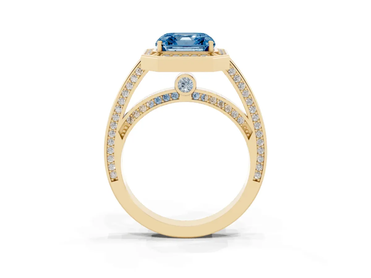 Fancy Blue Asscher Cut Cut Halo Pave Split Shank Prong Setting Ring Yellow gold